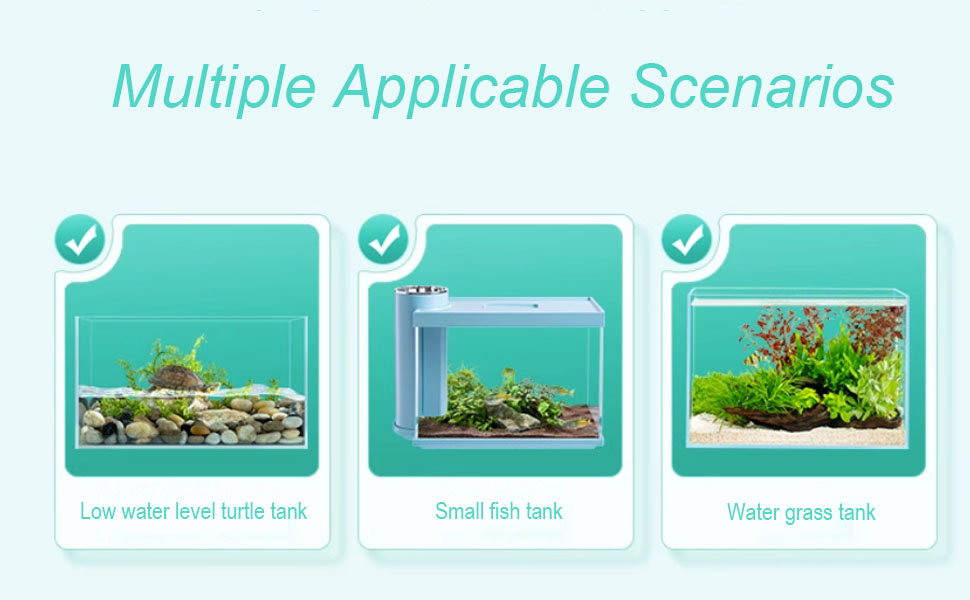Three teal-colored illustrations depicting different aquarium setups: large water tank, small fish tank, and planted aquarium. Text reads 'Multiple Applicable Scenarios'.