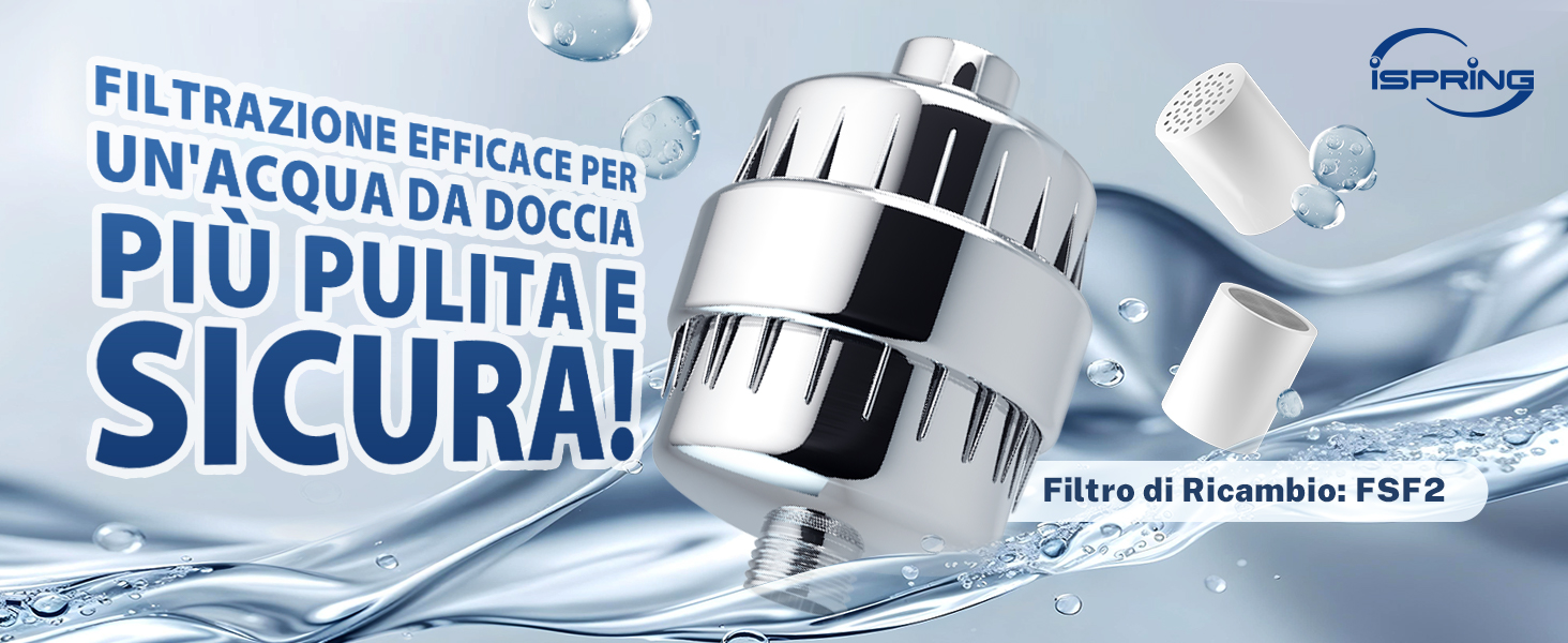 Filtro per soffione doccia cromato con cartuccia sostituibile, circondato da gocce e spruzzi d'acqua. Il testo indica una filtrazione efficace per un'acqua della doccia più pulita