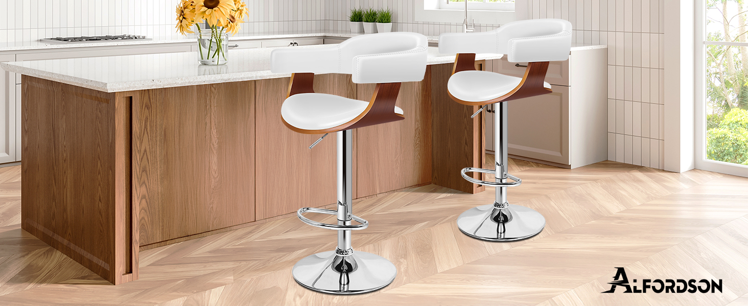 Modern white adjustable bar stools shown in sequence, demonstrating 360-degree rotation capability in a kitchen or bar setting.
