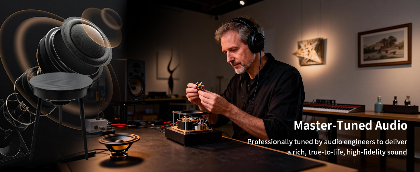 Il testo dice «Master-Tuned Audio». Fotografia di prodotto dall'atmosfera scura che mostra auricolari wireless con persona che utilizza il dispositivo sullo sfondo.