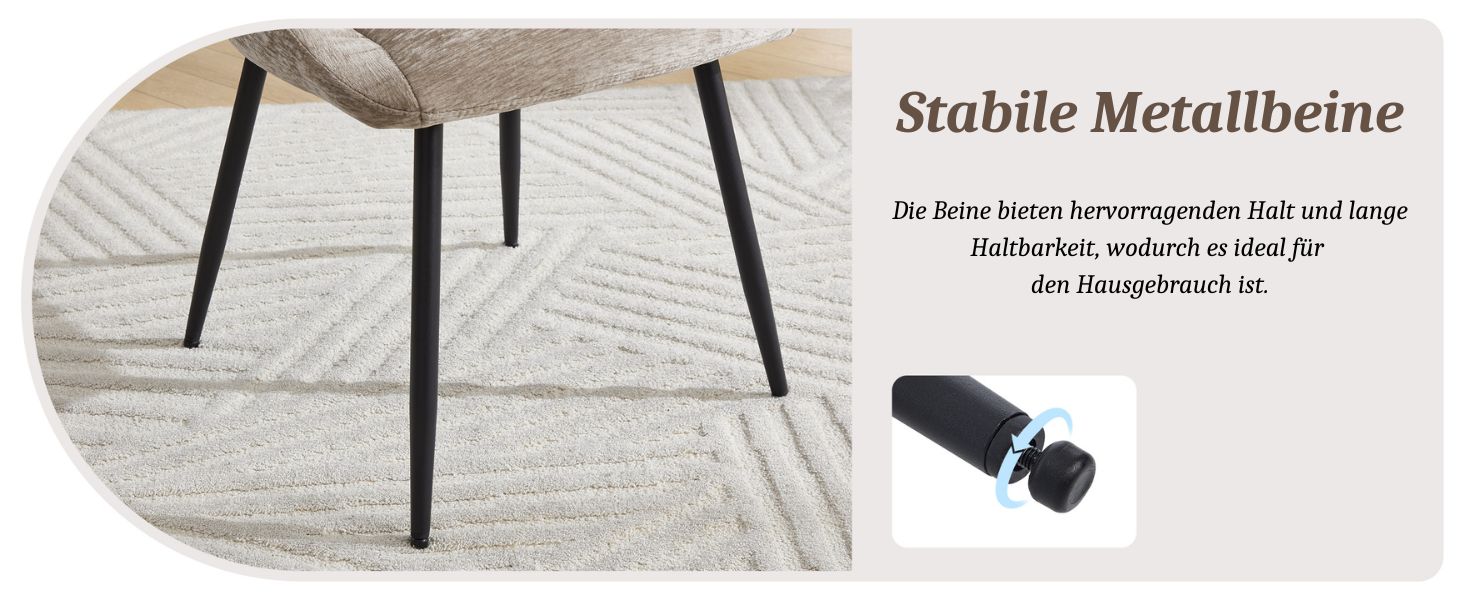 Der Text lautet „Stabile Metallbeine“. Moderne Tisch- oder Möbelbeine mit metallischer Oberfläche, aus mehreren Winkeln vor weißem Hintergrund dargestellt.