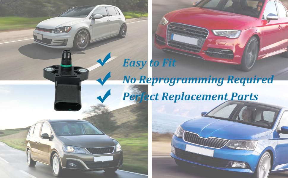 Automotive sensor part displayed with multiple vehicle photos, featuring text highlighting easy installation and perfect fit capabilities.