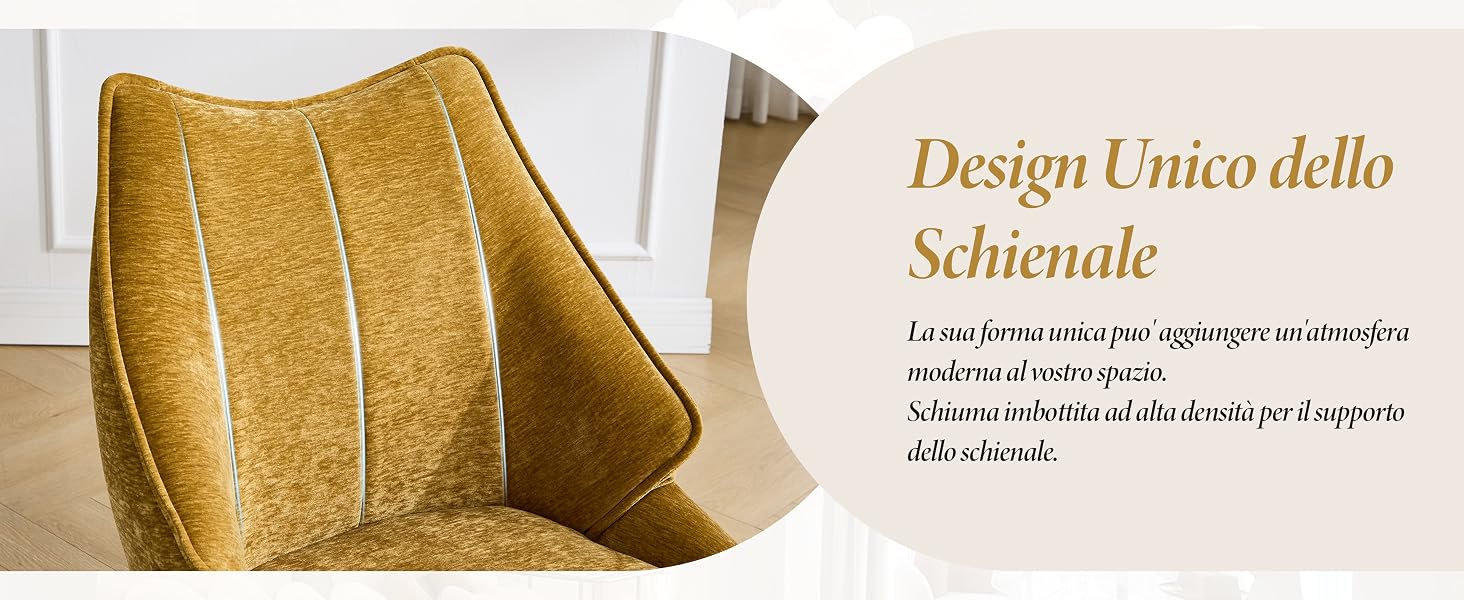 Il testo recita «Design Unico dello». Fotografia del prodotto che mostra oggetti con texture dorate o metalliche su sfondo bianco con testo in italiano sovrapposto.