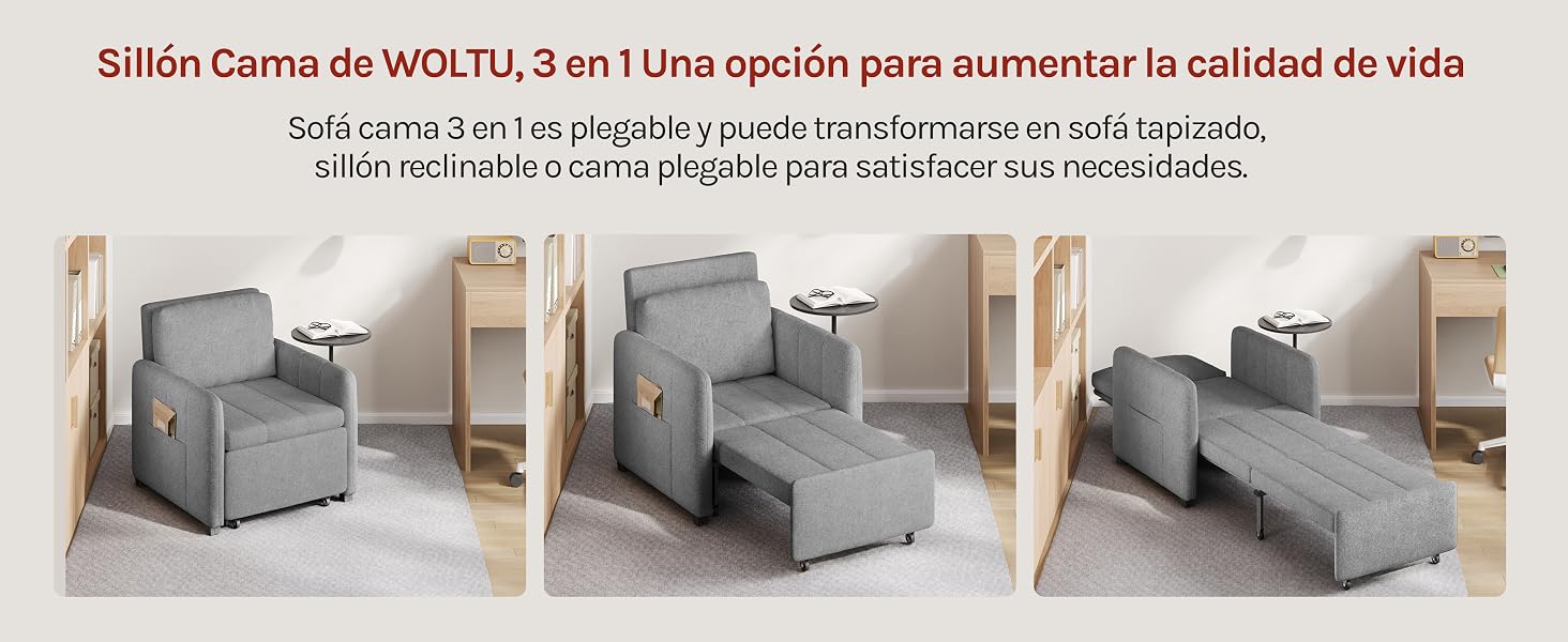 El texto dice «Sillón Cama de WOLTU, 3 en 1 Una opción para aumentar la calidad de vida». Serie de imágenes que muestran un sofá cama convertible gris en diferentes posiciones y configuraciones.