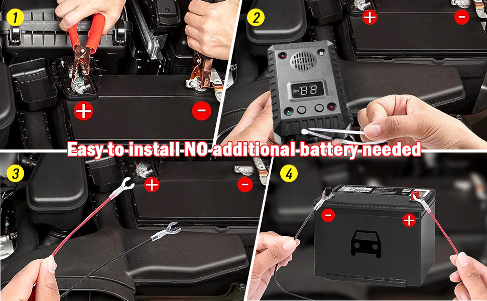 Guide d'installation étape par étape pour un accessoire de voiture. Montre des mains connectant des fils et plaçant un appareil près de la batterie de la voiture.