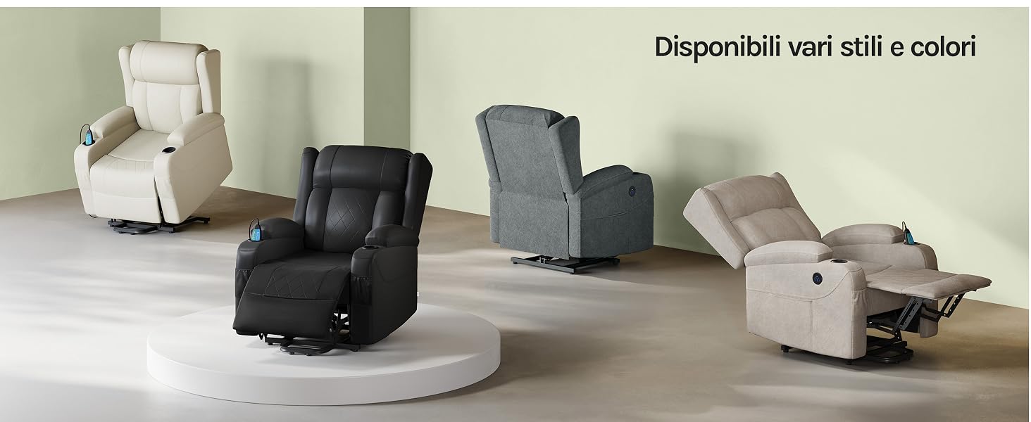 Quattro poltrone reclinabili in diversi colori: bianco, nero, grigio e beige. Le sedie sono caratterizzate da sedili e schienali imbottiti, con