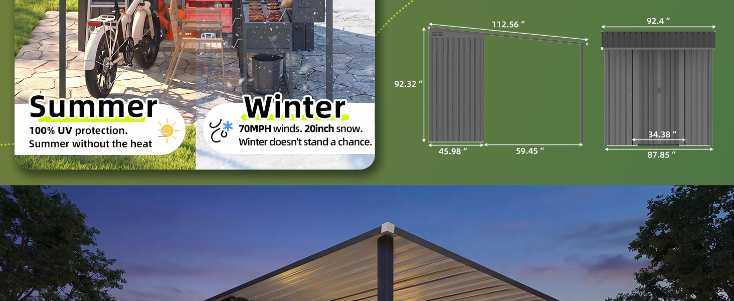 Text reads 'Summer' and 'Winter' with icons. Image shows two sheltered outdoor structures - one for seasonal camping displays.