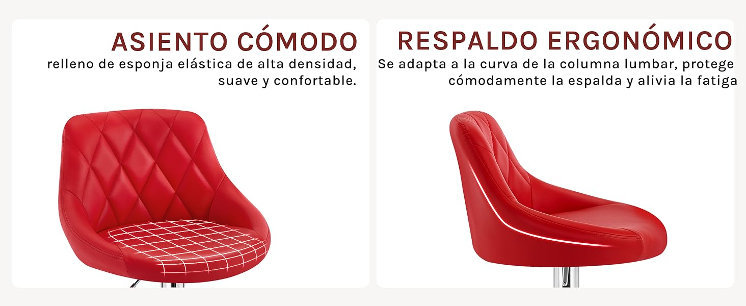 con diseño ergonómico, con acolchado de espuma de alta densidad para mayor comodidad y un respaldo curvo para brindar soporte lumbar. Dos vistas muestran