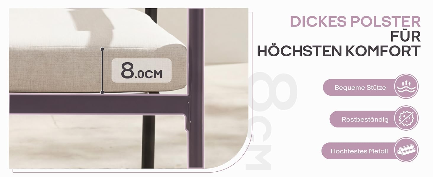 Der Text lautet „DICKES POLSTER FÜR HÖCHSTEN KOMFORT“ mit Plaketten für „Besonders weich“, „Komfortables Liegen“ und „Mit Körper Stütze“. Zeigt eine 8 cm dicke, gepolsterte Matratze im Querschnitt mit Schichtaufbau.