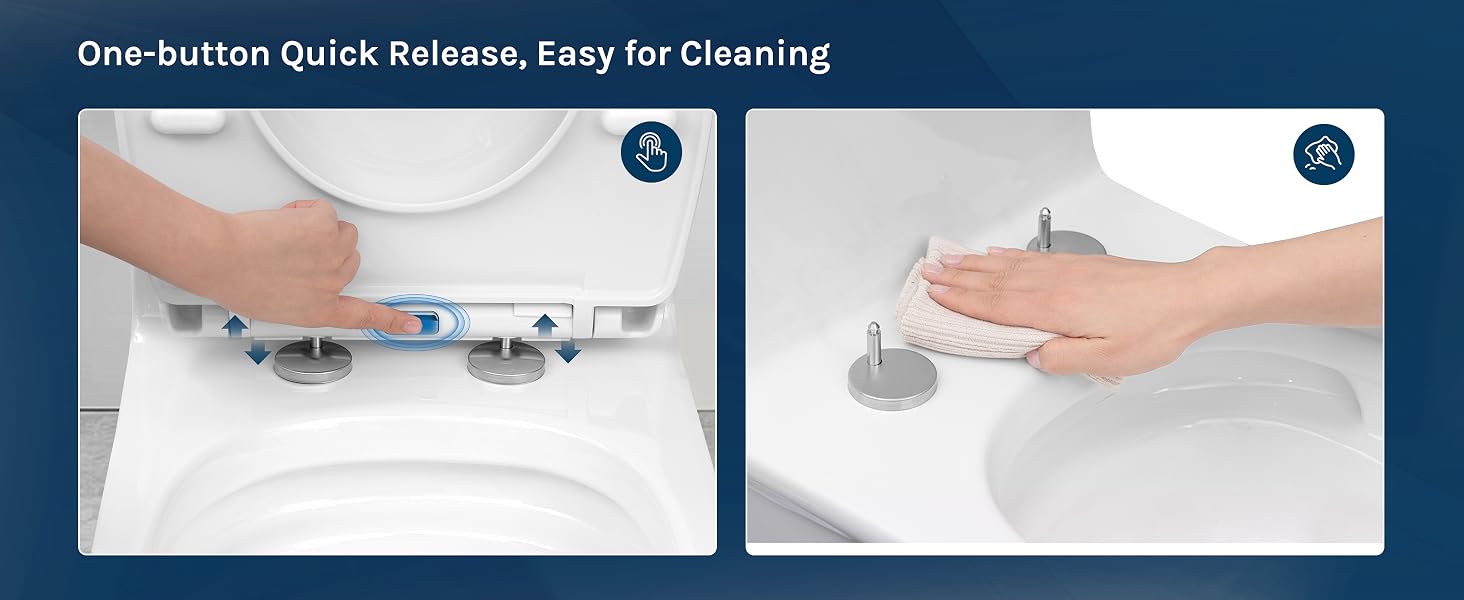 Two-panel image of toilet seat removal. Left: finger pressing release button. Right: hand lifting seat. Text: 