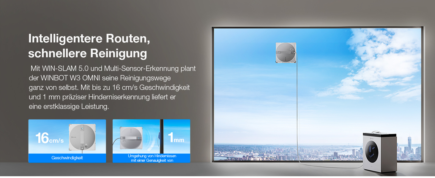Der Text lautet „Intelligente Routen, schnellere Reinigung“. Produktdemonstration, die den Roboterstaubsauger und seine Kartierungsfunktionen mit blauen Oberflächenelementen vor weißem und wolkigem Hintergrund zeigt.