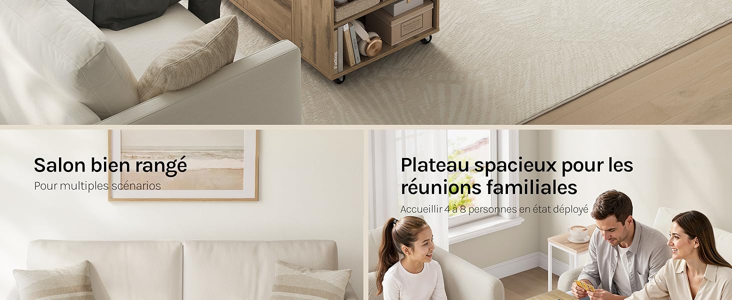 Le texte se lit comme suit : « Salon bien rangé » « Plateau spacieux pour les réunions familiales ». Cadre de salon avec femme et homme assis sur un canapé beige clair avec coussins, avec rangement et espace de réunion familiale.