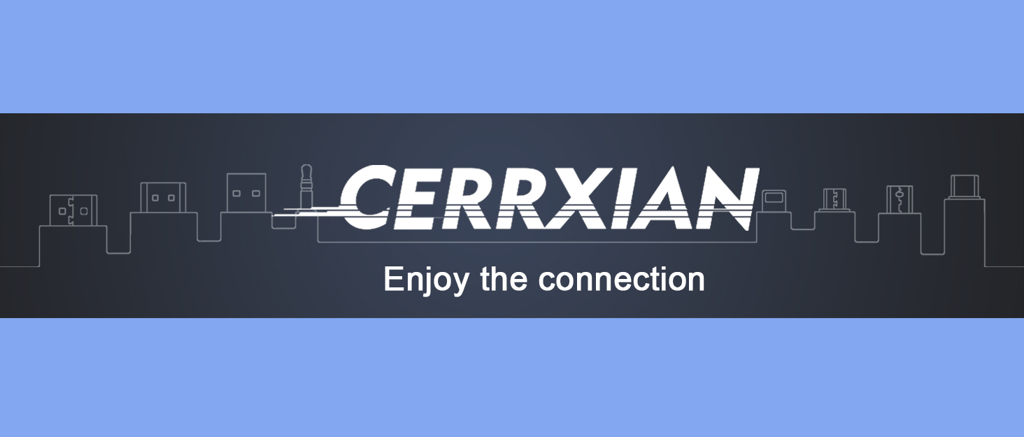 Blue banner with white text reading 'CERRXIAN' and a tagline 'Enjoy the connection'. Simple white line illustrations of electronic devices below.
