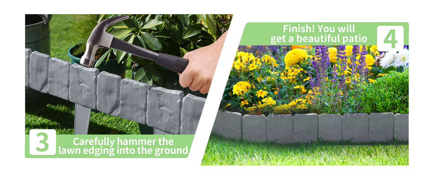 Guide d'installation montrant une bordure de pelouse enfoncée dans le sol, avec un exemple de bordure de parterre de fleurs finie avec des fleurs jaunes et violettes