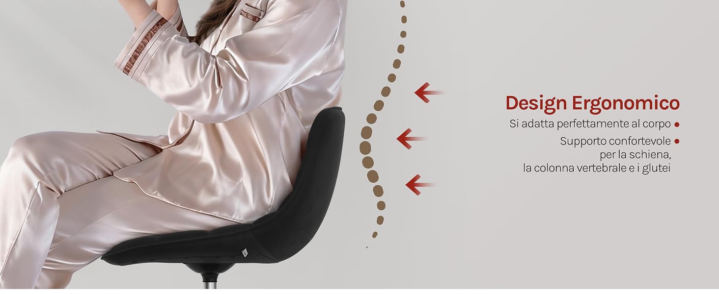 Il testo recita «Design Ergonomico». Diagramma tecnico che mostra gli elementi di design ergonomico e le specifiche di un prodotto.