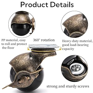 Text reads 'Product Details'. Technical diagram showing multiple views of a decorative bird-shaped object with callouts for '360° rotation' and 'strong and sturdy screws'.