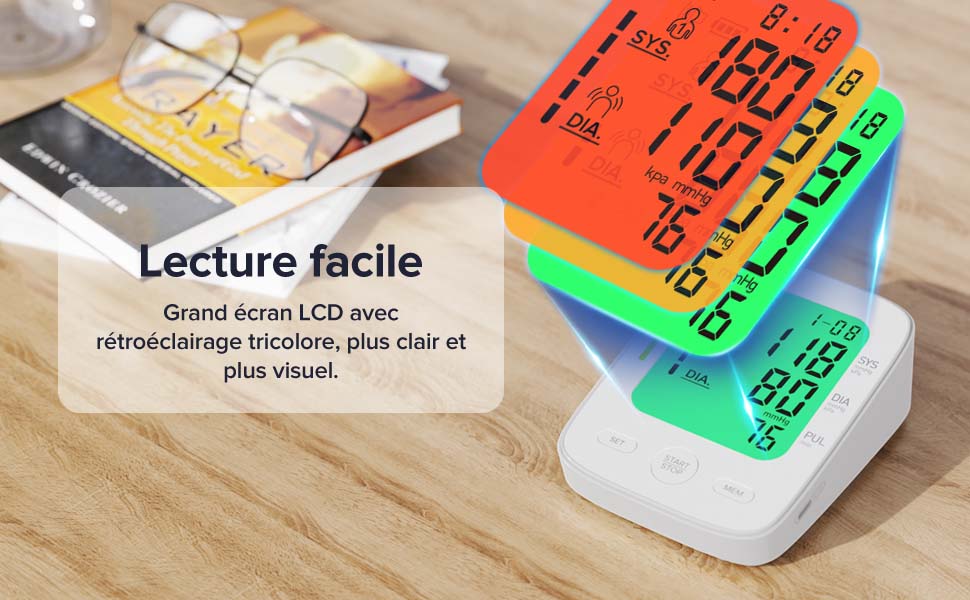 with color-coded LCD screen. Features large digits and tri-color backlighting for easy reading. Shown with glasses and a book in the background.