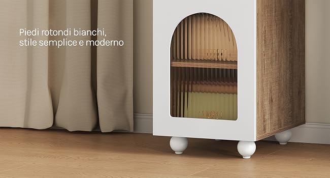 Il testo recita «Piedi ricordi brunch, stile semplice e moderno». Tavolino moderno con piedistallo bianco con cassettiera con venature del legno, design scandinavo minimalista visualizzato su sfondo neutro.