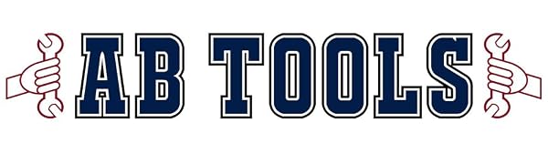 Text reads 'AB TOOLS' in navy blue block letters with two thumbs-up hand icons in red on either side. Logo design on white background.