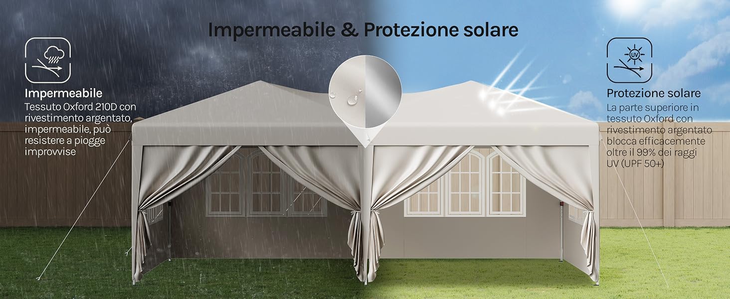 Il testo recita «In removable &amp; Firestone solare». Grande tenda o gazebo bianco per eventi all'aperto con pannelli laterali disposti sullo sfondo del cortile.
