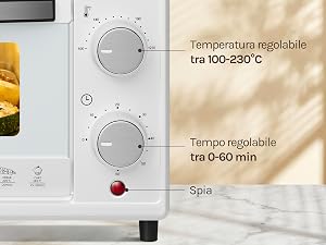 Il testo dice 'Temperatura regolabile tra 100-230°C', 'Tempo regolabile tra 0-60 min', 'Spia'. Pannello di controllo di un elettrodomestico con ghiere di regolazione della temperatura e dell'ora.