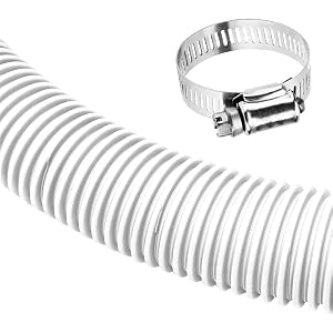 White corrugated flexible hose with adjustable metal hose clamp. Clamp features a worm drive mechanism for tightening and securing the hose connection.