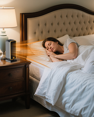 Bedroom scene with tufted upholstered headboard bed, white bedding, and wooden nightstand with lamp.