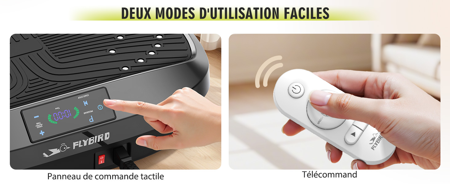 Options de double commande pour l'appareil : le panneau de gauche affiche une interface tactile avec un écran coloré. Le panneau de droite affiche la télécommande portable avec des boutons permettant de régler les paramètres sans fil