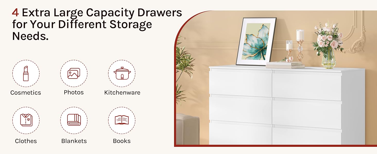 Text reads '4 Extra Large Capacity Drawers for Your Different Storage Needs.' White multi-drawer storage chest with 4 drawers featuring icons for Cosmetics, Photos, Kitchen items, Clothes, Bathroom items, and Books storage categories.