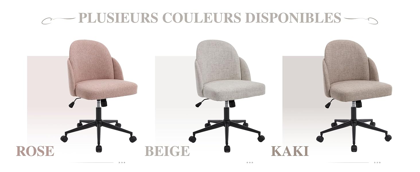 Le texte indique « PLUSIEURS COULEURS DISPONIBLES ». Les chaises de bureau sont présentées en trois variantes de couleurs : rose, beige et sable, chacune étant réglable en hauteur et en roulettes.