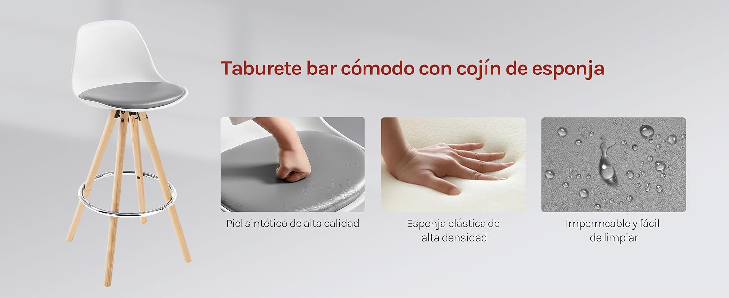 con asiento acolchado de espuma, patas de madera y reposapiés. Los cuatro paneles muestran las propiedades viscoelásticas, cómodas y de resistencia al agua del taburete y