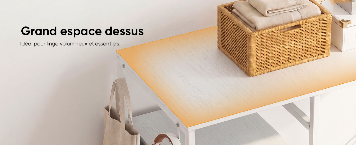 Le texte indique « Image 3 » et « Grand espace dessus ». Série d'images montrant des meubles ou des pièces de rangement blancs au design épuré et minimal sur des fonds clairs.