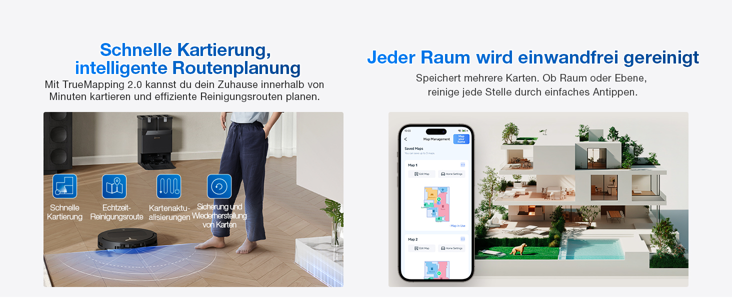 Der Text lautet „Schnelle Kartierung, intelligente Routenplanung“ und „Jeder Raum wird einwandfrei gereinigt“. Das Bild zeigt ein intelligentes Reinigungssystem mit blauen Bedienoberflächentasten, eine Person, die die Verwendung des Produkts demonstriert, und eine Smartphone-App mit Funktionen zur Raumkartierung und Reinigungsplanung.