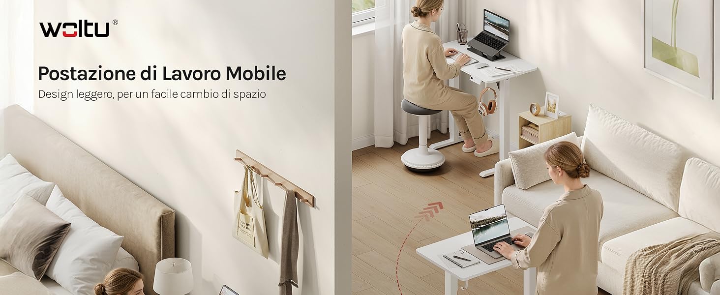 Il testo recita «woltu» e «Postazione di Lavoro Mobile». Raccolta di immagini degli spazi di lavoro interni che mostrano mobili e allestimenti per ufficio.