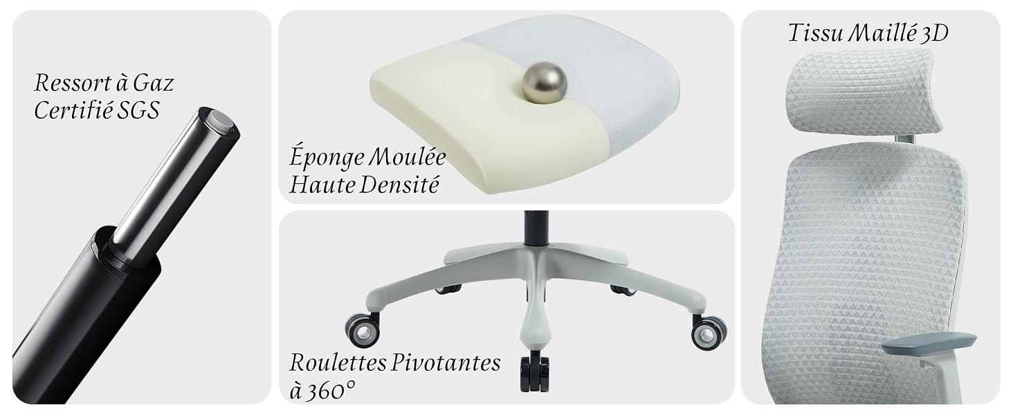 Schéma technique du produit montrant les différents composants du siège de bureau et les mécanismes de réglage disposés en grille.