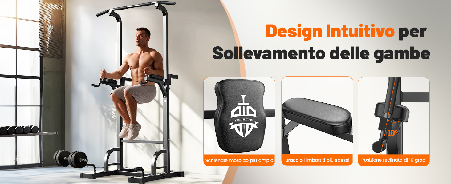 Il testo recita «Design Intuitivo per Sollevamento delle gambe». Serie di immagini che mostrano attrezzi ginnici utilizzati in palestra con particolare attenzione agli attrezzi per l'allenamento delle gambe.