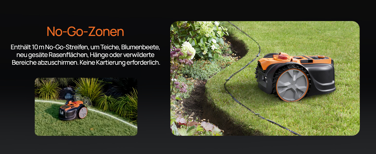 Der Text lautet „No-Go-Zonen“. Bilderserie, die einen Rasenroboter zeigt, wie er Hindernisse und Kanten im Garten umfährt und die automatische Grenzerkennung demonstriert.