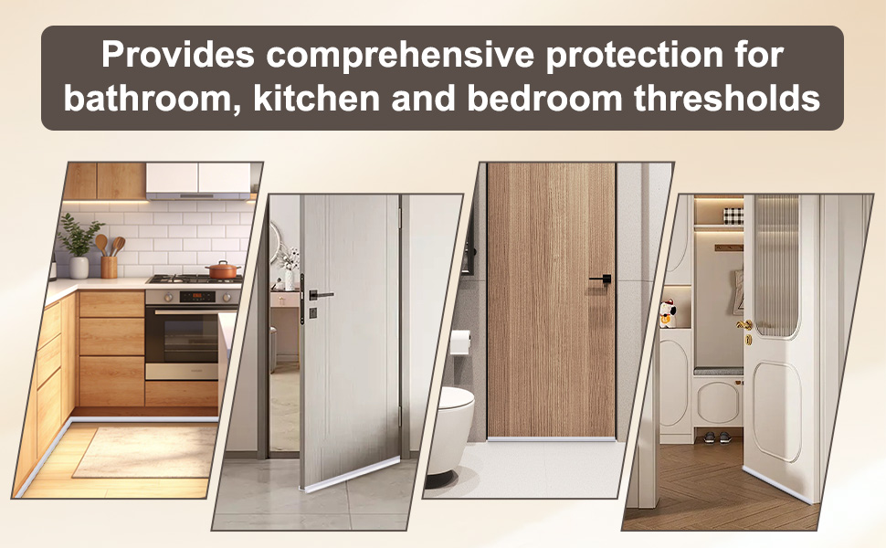 Text reads 'Provides comprehensive protection for bathroom, kitchen and bedroom thresholds'. Collage of interior doorway and threshold images showing various room transitions.