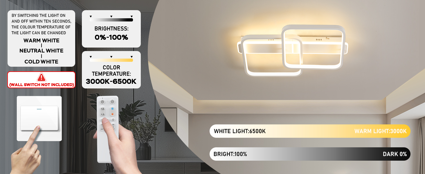 Installationsanleitung für moderne LED-Deckenleuchten mit Smartphone-App-Steuerungsschnittstelle und montierten rechteckigen Leuchten mit warmer Beleuchtung.