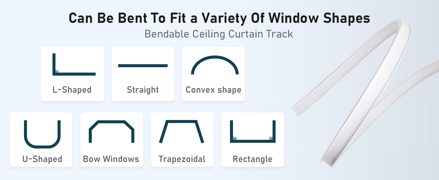 Schéma montrant différentes formes de rails de rideaux de plafond pliables. Comprend des configurations en L, droites, convexes, en U, à fenêtres en arc, trapézoïdales