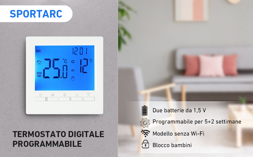 Thermostat numérique programmable avec écran rétroéclairé bleu affichant 25,0 °C. Programmation sur 5 + 2 semaines, sécurité enfant et fonctionnement sur piles. Se fixe sur