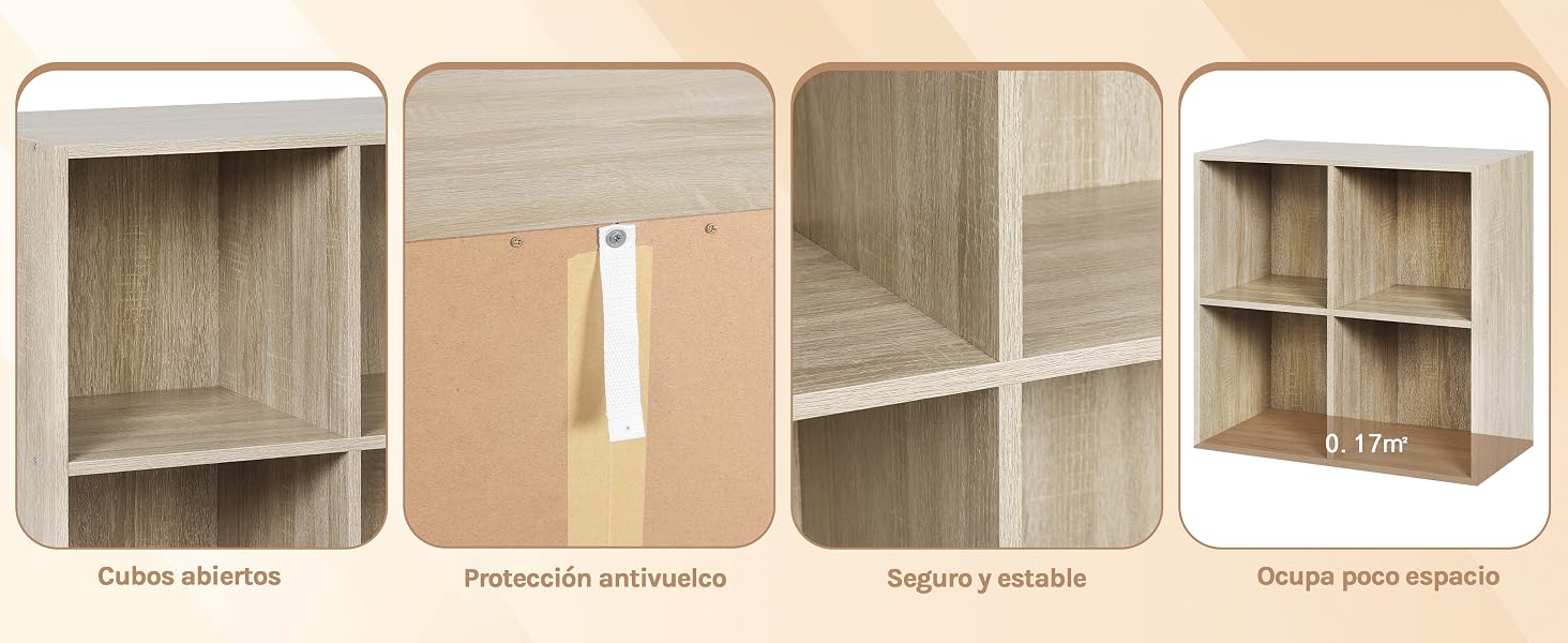 de madera con varios compartimentos. Cuatro paneles muestran diferentes ángulos: estantes abiertos, tabiques ajustables y detalles de montaje.
