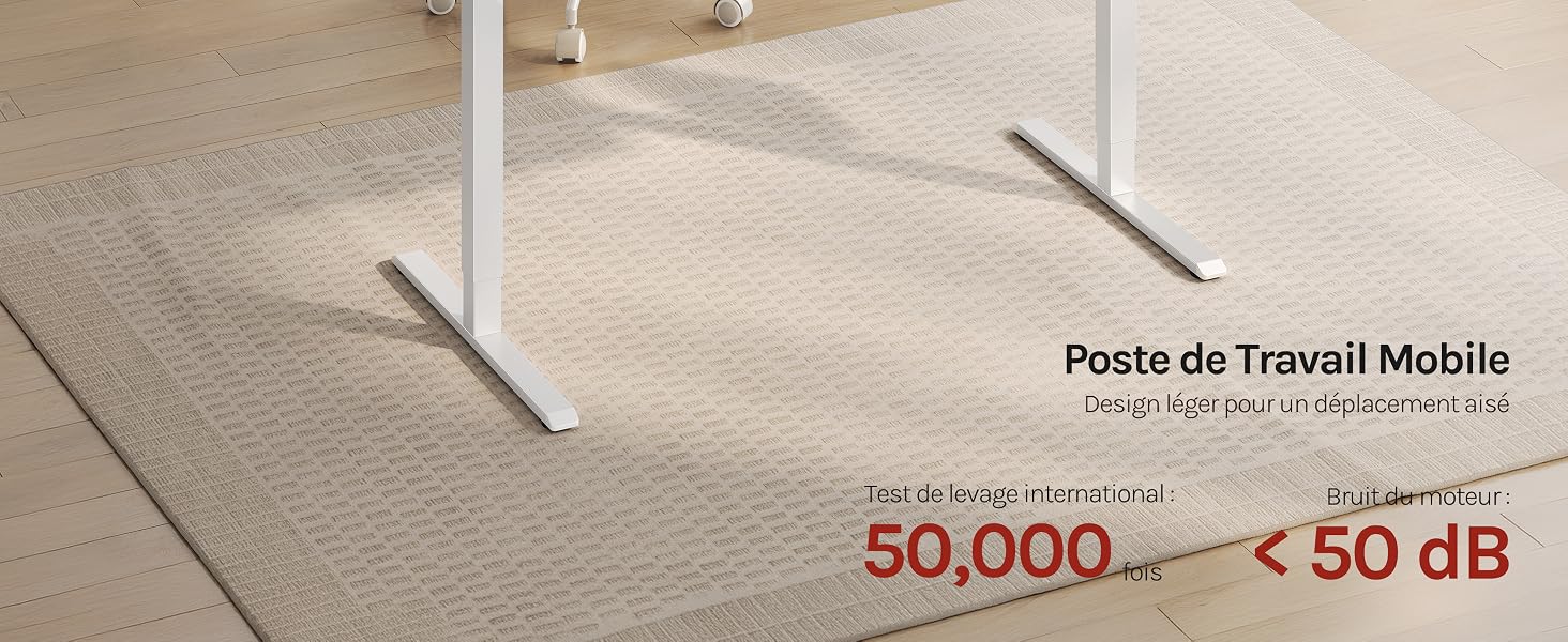 Le texte indique « Poste de Travail Mobile » et « 50 000... » avec la spécification « < 50 dB ». Poste de travail mobile blanc minimaliste ou présentoir de séparation avec éléments de pieds verticaux sur un sol en moquette claire.