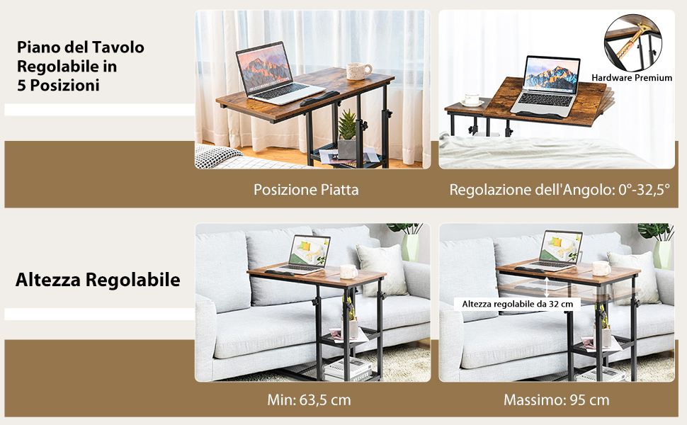 Tavolino Mobile SIDUCAL Per Computer Portatile – Regolabile In Altezza, Con Ruote E Ripiano, 80 Cm, Marrone Rustico