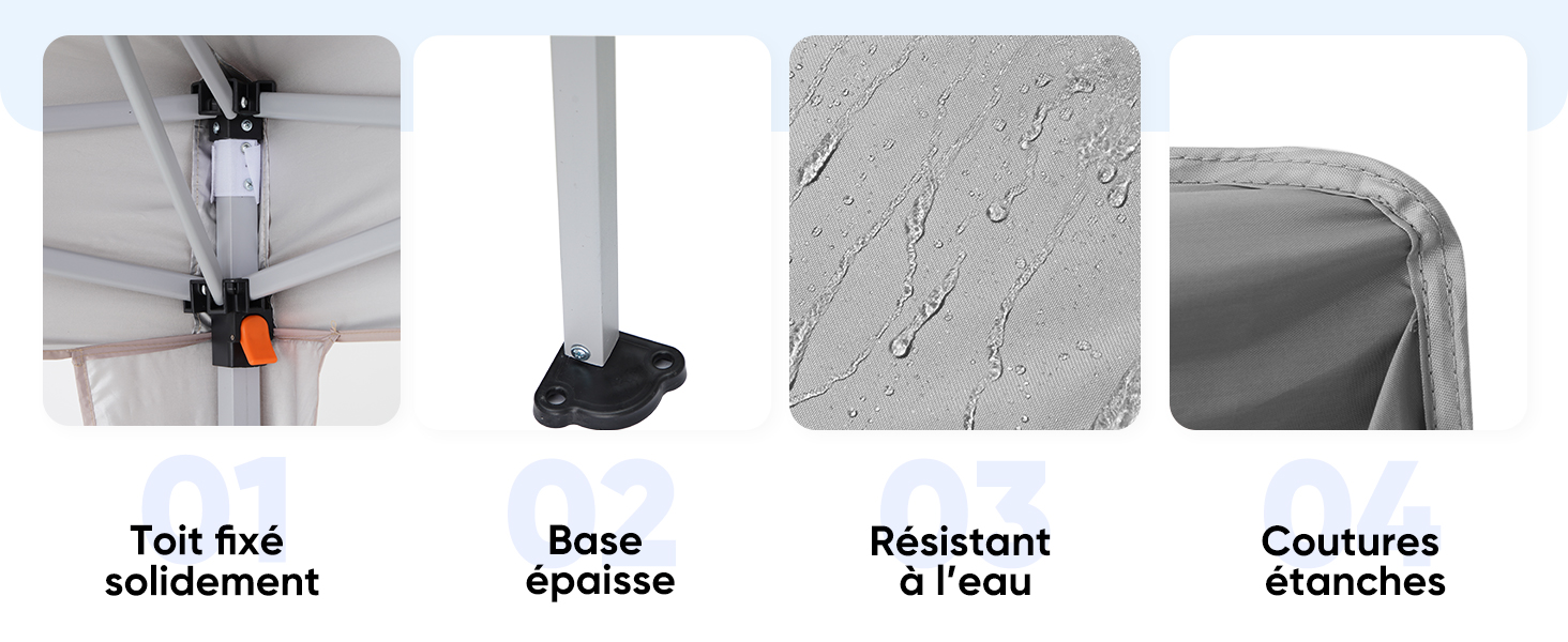 Icônes de spécification du produit présentant des caractéristiques telles que l'assemblage « sans outil », les propriétés de base et les caractéristiques de résistance. Les icônes apparaissent dans une disposition horizontale avec les étiquettes correspondantes.