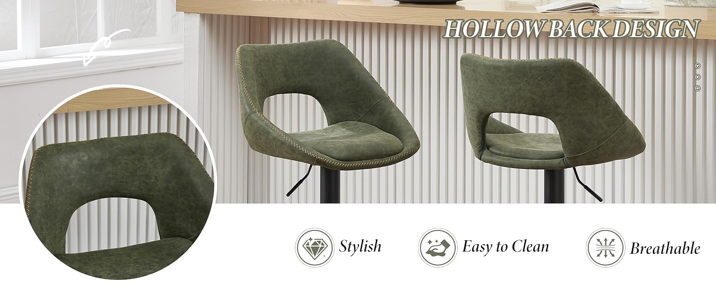 Text reads 'HOLLOW BACK DESIGN'. Modern bar stools with olive green upholstery and hollow back design. Icons showing 'Stylish', 'Easy to Clean', 'Breathable'.