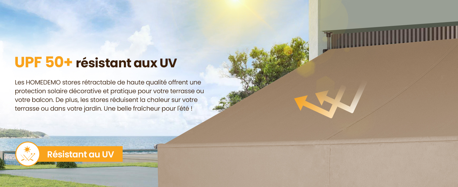 Le texte indique « Résistant aux UV UPF 50+ ». Publicité de style bannière avec fond ensoleillé extérieur et éléments graphiques.