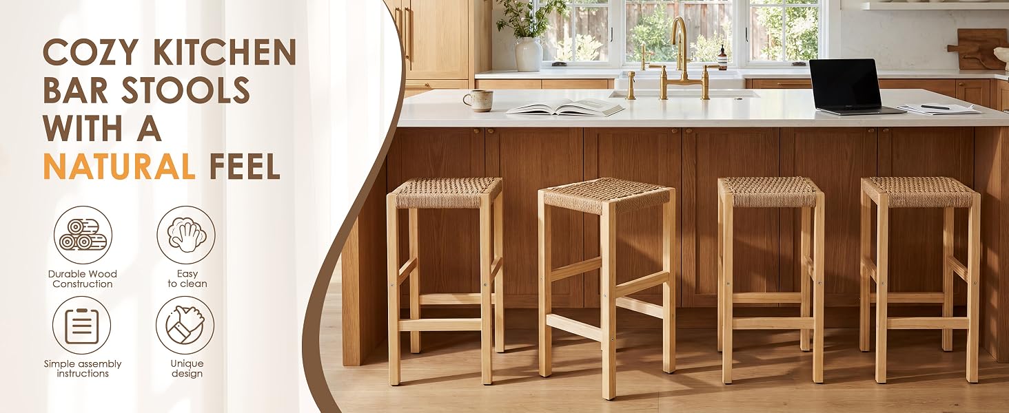 Text reads 'COZY KITCHEN BAR STOOLS WITH A NATURAL FEEL'. Multiple views of wooden bar stools in kitchen setting with product feature icons.