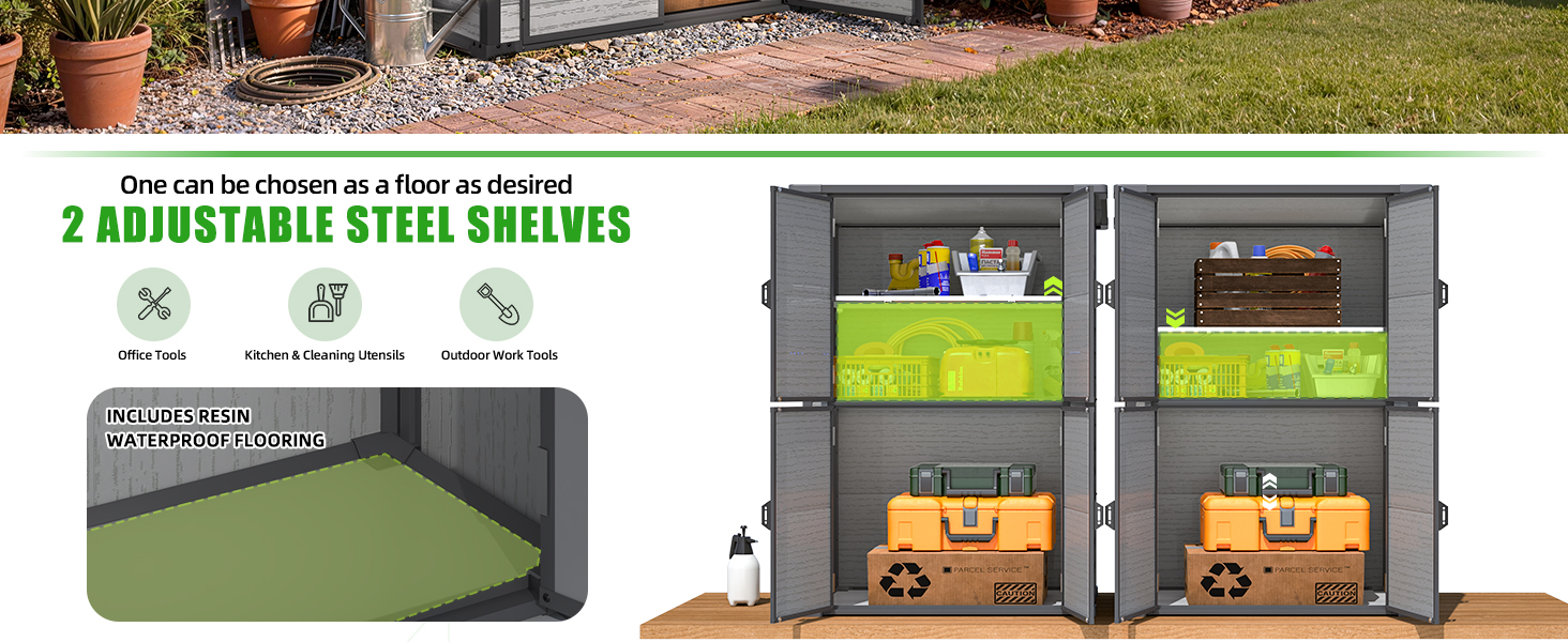Text reads '2 ADJUSTABLE STEEL SHELVES'. Multiple views of storage unit installation process, showing assembly steps and final setup with adjustable shelving.