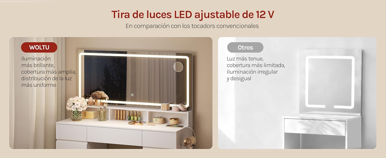 El texto dice «Tira de luces LED ajustable de 12 V» y «En comparación con los tocadores convencionales». Comparación del espejo de tocador WOLTU con iluminación LED ajustable con los espejos estándar que muestran características de iluminación mejoradas.